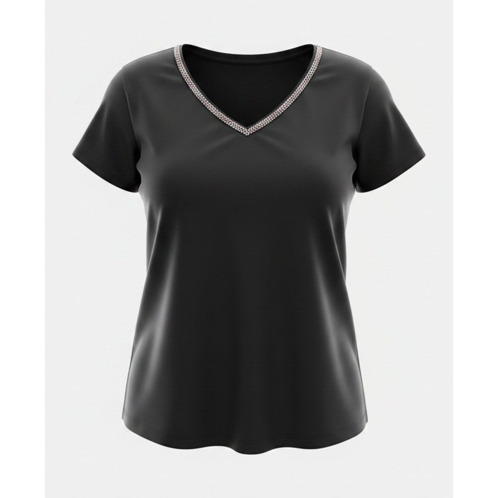 Bongo Plus V-Neck Top 2X Black Rhinestone Embellished Short Sleeve Tee